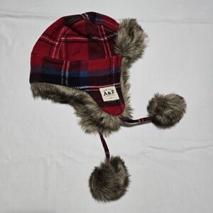 Abercrombie & Fitch Men's Red Blue Plaid Faux Fur Wool Trapper Winter Hat